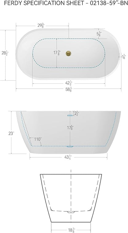 FerdY 59" Bali Elite Acrylic Freestanding Bathtub, Gracefully Shaped Freestanding Soaking Bathtub, cUPC Certified, Toe-Tap Polished Gold Drain and Minimalist Linear Design Overflow Included