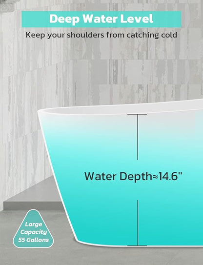 Freestanding Bathtub, 55 inch Acrylic Free Standing Soaking Bathroom Tub with Brushed Nickel-Finished Overflow and Anti-Clogging Drain, Easy Installation