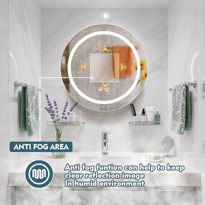 24inch Round Medicine Cabinet with Lights,Led Medicine Cabinet with Defogger,Illuminated Mirror Cabinet for Bathroom,Dimmable,Anti-Fog,3 Colors,Surface Mount Only,White