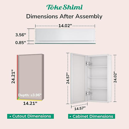 TokeShimi 14x24 Bathroom Mirror with Storage Tempered, Aluminum White Recessed Medicine Cabinet with Mirror Frameless Stepless Adjustable Shelf, Surface Mount Medicine Cabinet for Bathroom