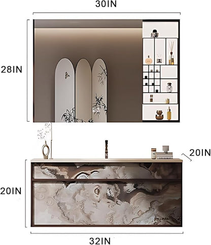 32IN Modern Bathroom Vanity with Sink - Bathroom Vanity with Drawer Organizer, LED Mirror Lights & Defogging Function | Wall - Mounted Vanity with Silver Sink Faucet