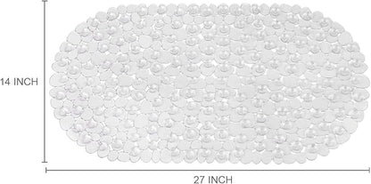 WELTRXE Pebbles Bath Mat Clear Non-Slip Bathtub Mat with Suction Cups, Drain Holes for Bathroom Showers, Tub, Machine Washable, BPA, Latex Free Safe Shower Mats, Oval 27 x 14 Inch