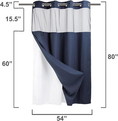 River Dream Heavyweight No Hooks Required Dotted Waffle Weave Shower Curtain with Snap in Liner -Stall 54W x 80H,Hotel Grade,Spa Like Bath Curtain,Navy