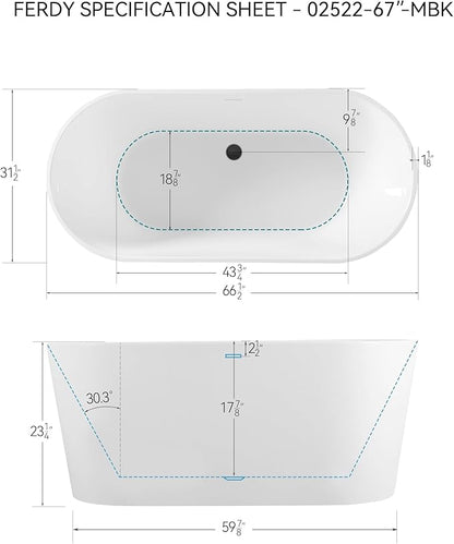 FerdY Shangri-La 67" Acrylic Freestanding Bathtub, Classic Oval Shape Acrylic Soaking Bathtub with Matte Black Drain & Minimalist Linear Design Overflow, Modern White, cUPC Certified