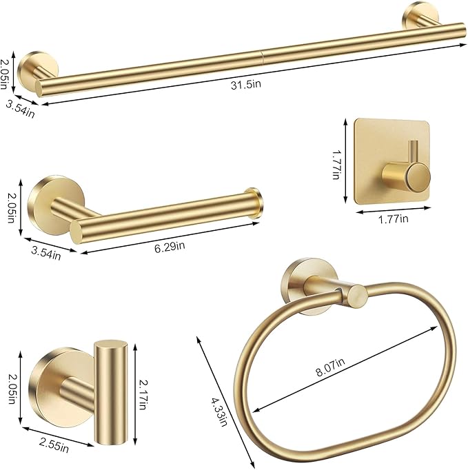 Brushed Gold Bathroom Accessories Set, 7 Pieces Gold Towel Bar Bathroom Hardware Set, 31.5 Inch Towel Racks for Bathroom, SUS304 Stainless Steel Bathroom Towel Holder Toilet Paper Holder Wall Mounted