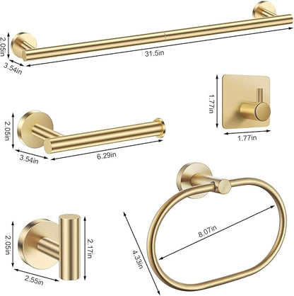 Brushed Gold Bathroom Accessories Set, 7 Pieces Gold Towel Bar Bathroom Hardware Set, 31.5 Inch Towel Racks for Bathroom, SUS304 Stainless Steel Bathroom Towel Holder Toilet Paper Holder Wall Mounted