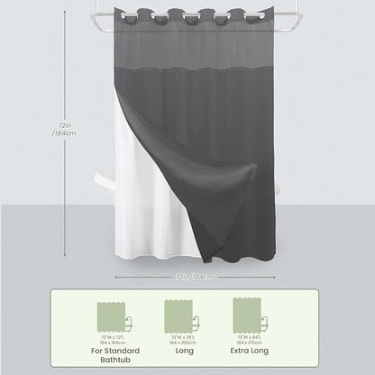 Inhousolu No Hook Shower Curtain with Snap in Fabric Liner Set Waffle Weave 230GSM Weighted Hem, Waterproof & Washable Bathroom Curtain Spa Luxury with Mesh Top Window 72" W x 72" L Graphite Grey