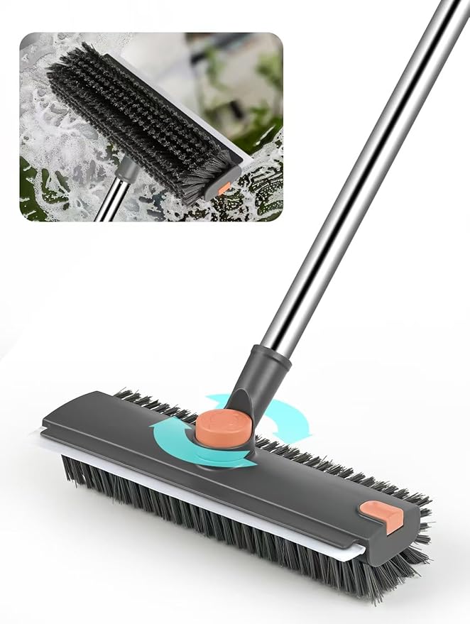 Floor Scrub Brush with Long Handle,3 in 1 Multi-Angle Heavy Duty Stiff Bristle Scrubber with Squeegee and Tweezer,Shower Brush for Cleaning Shower Bathroom,Patio,Garage, Kitchen,Deck and Wall