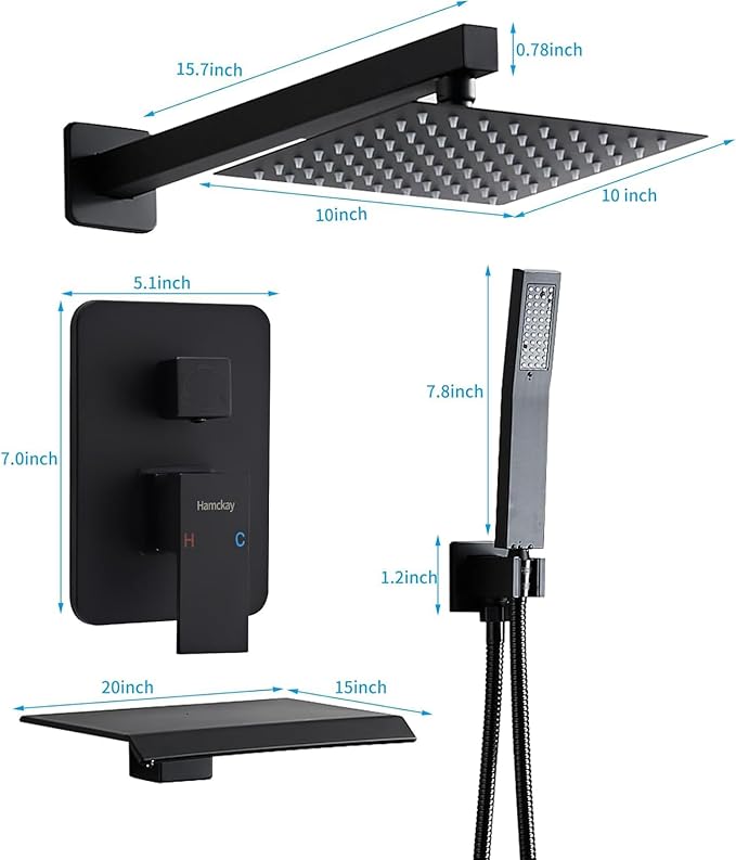 10 inch Matte Black Shower System with Tub Spout, Shower Faucet Set with Rain Shower Head and Handheld 3-Setting, Waterfall Bathtub Spout Rainfall Shower Combo Set for Bathroom Wall Mounted
