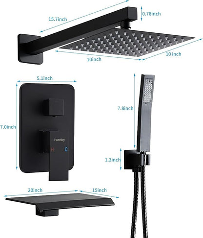 10 inch Matte Black Shower System with Tub Spout, Shower Faucet Set with Rain Shower Head and Handheld 3-Setting, Waterfall Bathtub Spout Rainfall Shower Combo Set for Bathroom Wall Mounted