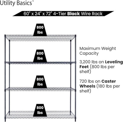 NSF Commercial 4-Tier Wire Shelving with Wheels, 60"x24"x72" Heavy Duty Metal Shelves 3200 lbs Max Capacity, Black Storage Rack for Garage Kitchen Pantry Warehouse