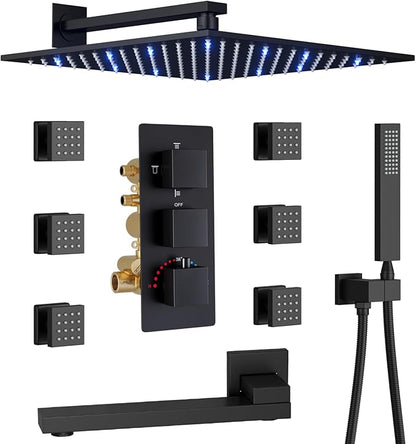 Thermostatic Shower System Matte Black Shower Fixtures 12 Inch Wall Mounted Full Body Shower System with Tub Spout, 4 Way Shower Faucet with 6 PCS Body Jets, Handheld Shower