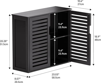 HITNET Black Bathroom Storage Cabinet, Hanging Medicine Cabinet with Adjustable Shelf, Bamboo Over The Toilet Wall Mounted Space Saver Organizer, Double Doors
