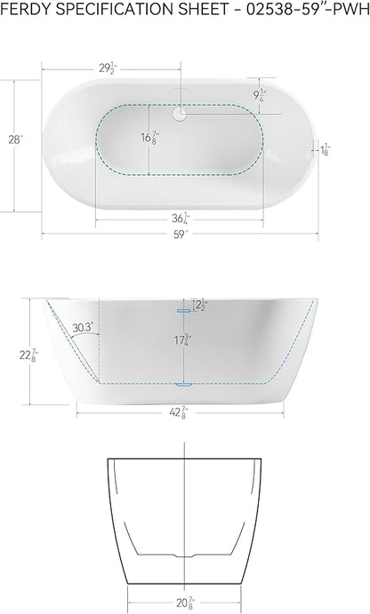 FerdY 59" Bali Acrylic Freestanding Bathtub, Gracefully Shaped Freestanding Soaking Bathtub, cUPC Certified, Toe-Tap Polished White Drain and Minimalist Linear Design Overflow Included