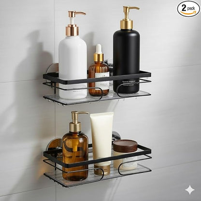 2-Pack Corner Shower Caddy – Rust-Resistant Wall-Mounted Bathroom Organizer with Included No-Drill Adhesives for Shampoo, Soap & Toiletries - Black (1-Layer, Rectangle)