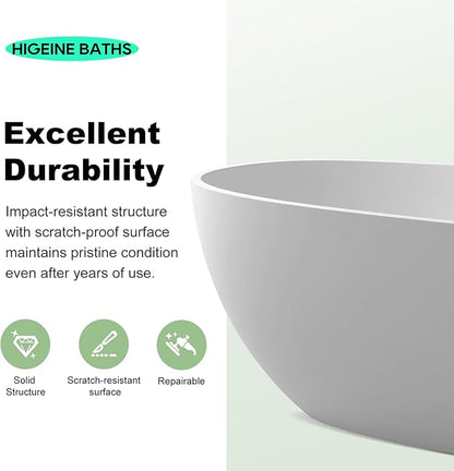 Premium Unique 65" Solid Surface Freestanding Tub, Upgraded Matte White Stone Resin Bathtub with Overflow and Pop-up Drain