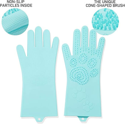 Pet Grooming Magic Gloves, Dog Cat Bathing Shampoo Brush, Silicone Hair Removal Gloves with Thick High Density Teeth for Bathing and Messaging, Double-Side Scrubbing Gloves for Shedding