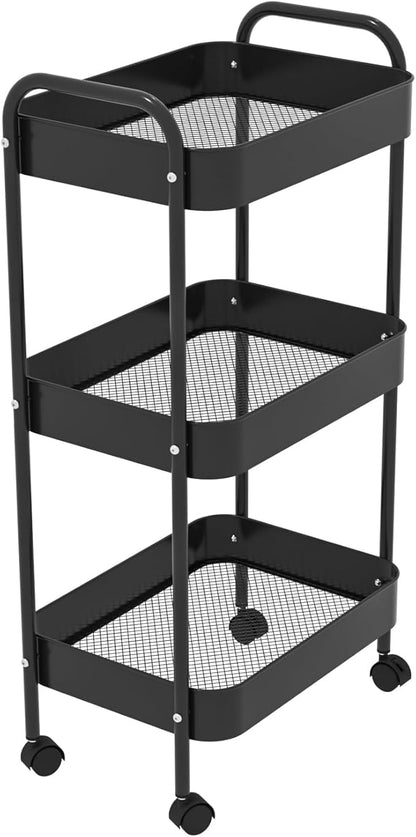 3-Tier Metal Utility Rolling Cart, Multi-Functional Storage Trolley for Office, Living Room, Kitchen, Movable Storage Organizer with Wheels, Black