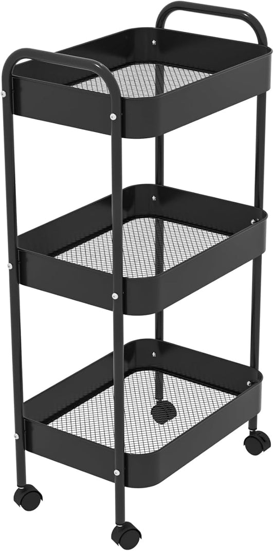 3-Tier Metal Utility Rolling Cart, Multi-Functional Storage Trolley for Office, Living Room, Kitchen, Movable Storage Organizer with Wheels, Black
