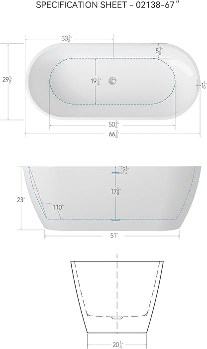 FerdY 67" Bali Elite Acrylic Freestanding Bathtub, Gracefully Shaped Freestanding Soaking Bathtub, Toe-Tap Chrome Drain and Minimalist Linear Design Overflow Included, cUPC Certified