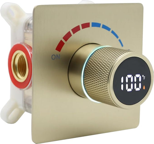 Concealed LED Digital Display Shower Diverter Valve Shower Mixing Valve Single Way Can Use All the Time Brushed Gold