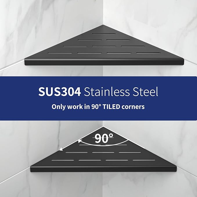8'' Corner Shower Shelf 2PCS, 304 Stainless Steel Bathroom Shelves for Tiled Wall, Grout in Shelf Rack, No Drilling Needed (8'', Black)