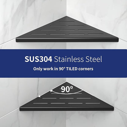 8'' Corner Shower Shelf 2PCS, 304 Stainless Steel Bathroom Shelves for Tiled Wall, Grout in Shelf Rack, No Drilling Needed (8'', Black)