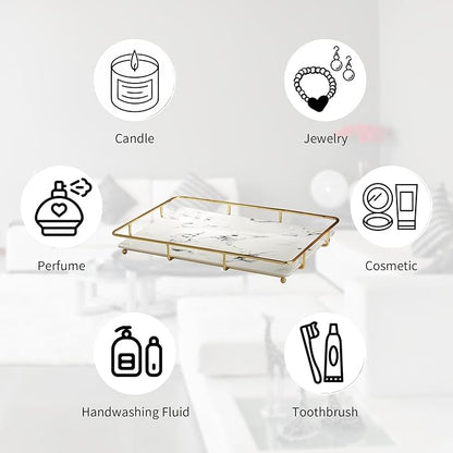 Vanity Tray Makeup Organizer Cosmetics Storage Bathroom Skincare Organizer Countertop Display Rack in Dresser Stainless Steel Shelf Marble Print Ceramic Trays