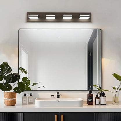 SineRise LED Modern Bathroom Vanity Light Fixtures (4-Light, 30-Inch, Dimmable), Brown Wood Painted Modern Acrylic Bathroom Wall Lighting Fixtures Over Mirror (Cool White 6000K)
