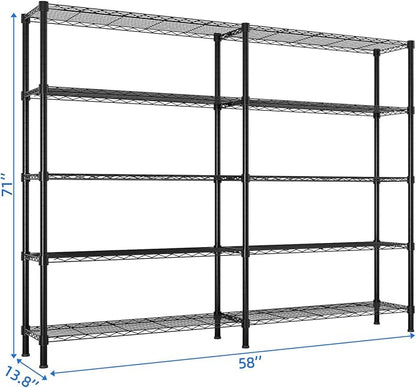 5 Tier Storage Racks Shelving, Heavy Steel Pantry Shelves, Adjustable Wire Shelving Rack, Suitable for Garage, Kitchens, Offices, 58" W x 13.8" D x 71" H, Black