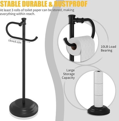 BESy Toilet Paper Holder Free Standing Bathroom Toilet Tissue Holder Stand for Floor Toilet Paper Roll Holder with Storage Hardware Accessories Rack Hand Towel Bar Matte Black Stainless Steel