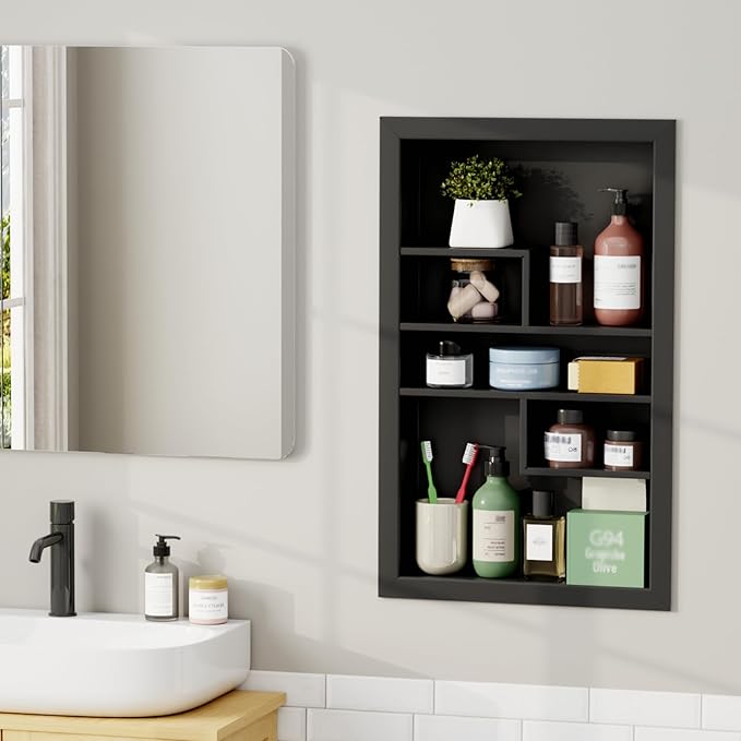 Stainless Steel Recessed Medicine Cabinet 14 * 24, Rust-proof Metal Wall Niche, In Wall Shower Niche Shelf Insert Replacement, Recessed Medicine Cabinets for Drywall, with 5 Compartments, Black