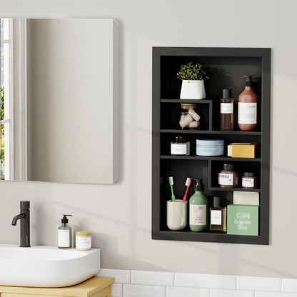 Stainless Steel Recessed Medicine Cabinet 14 * 24, Rust-proof Metal Wall Niche, In Wall Shower Niche Shelf Insert Replacement, Recessed Medicine Cabinets for Drywall, with 5 Compartments, Black