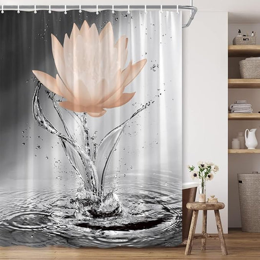 Lotus Shower Curtain Black White Grey Orange Flower Elegant Blooming Floral with Dew Spring Flower Reflection on Water Modern Romantic Polyester Fabric Bathroom Decor 70×70 Inch with Hook