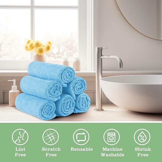 Washcloths - 20 Pack - Face Towels (12" x 12"), Highly Soft Wash Cloths and Hand Towels, Fast Drying Multi-Purpose Microfiber Cleansing Cloths for Bathroom, Hotel, Spa, and Salon - Blue