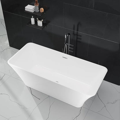 59 in Acrylic Freestanding Bathtub, Deep Soaking Tub with Non-Slip Base, cUPC Certified Free Standing Tub, Chrome Drain Bath Tub, Modern Tub for Bathrooms, White