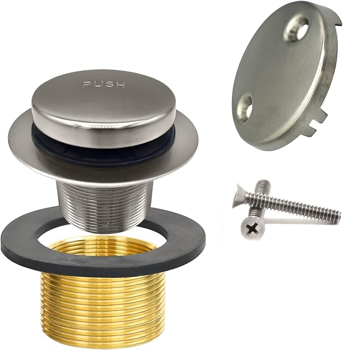 LXLTOUS Brushed Nickel Toe Tap Bathtub Trim Set with Two-Hole Overflow Faceplate, Replacement Tub Drain Kit with 2-Hole Overflow Cover and Universal Fine/Coarse Thread, Fits 1-3/8" and 1-1/2"