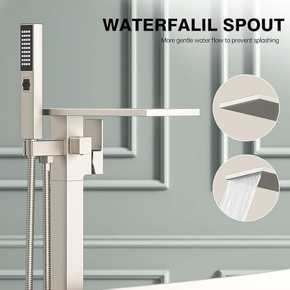 Freestanding Bathtub Faucet with Handheld Sprayer, Brushed Nickel Floor Mount Tub Filler, High Flow Waterfall Brass Bath Shower Faucet for Modern Bathroom