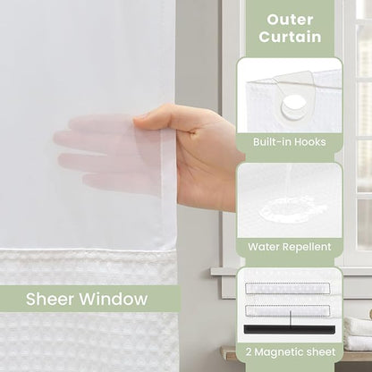 Inhousolu No Hook Shower Curtain with Snap in Fabric Liner Set Waffle Weave 230GSM Weighted Hem, Waterproof & Washable Bathroom Curtain Spa Luxury with Mesh Top Window 72" W x 72" L White
