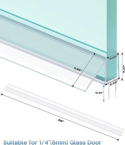 Shower Door Bottom Seal Strip, 2PCS Seal Strip, Ultra Clear PVC, 39" Length, Fits 6mm Thick Glass, Prevents Leaks, Easy Installation, No Adhesive Required (Ultra Clear, 39in for 1/4"(6mm) Door)