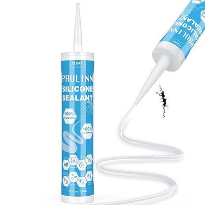 PAULINN Silicone Sealant, 100% Silicone Caulk Clear Waterproof for RV, Kitchen, Bath, General Use, Window, Door, Glass, Marine, 10.2 Oz, 1 Pack