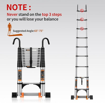 Telescoping Ladder,10.5FT Aluminum Multi-Purpose Collapsible Ladder with Stabilizers and Hooks,Jiashche Portable Extension Ladder for RV or Outdoor Work Silver,330lb Max Capacity