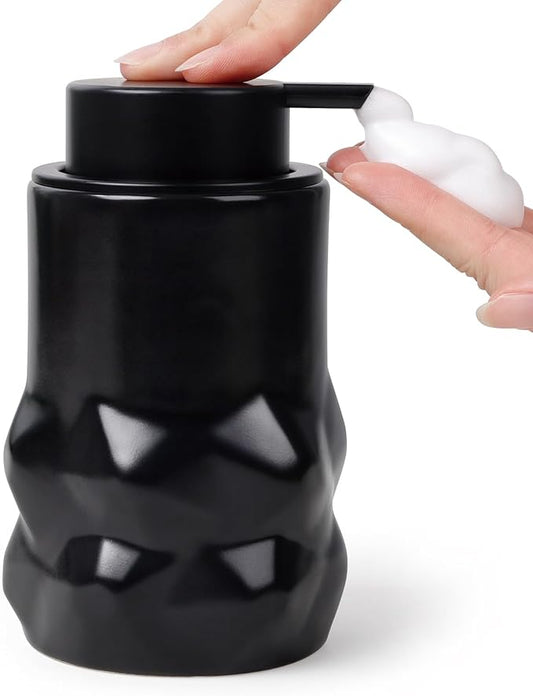 BosilunLife Hand Soap Dispenser - Foam Soap Dispenser Bathroom Ceramic Dish Liquid Soap Dispenser for Kitchen, Bathroom Countertop Soap Dispensers (Black-Foam-Sculpt)
