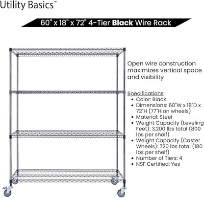 NSF Commercial 4-Tier Wire Shelving with Wheels, 60"x18"x72" Heavy Duty Metal Shelves 3200 lbs Max Capacity, Black Storage Rack for Garage Kitchen Pantry Warehouse