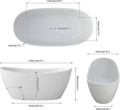 55" Premium Solid Surface Freestanding Bathtubs, Contemporary Design Stand Alone Stone Resin Tub with Overflow and Pop-up Drain, Matte White