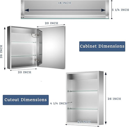 ExBrite Lighted Medicine Cabinet with Mirror, 20 x 26 Inch, Recessed or Surface led Medicine Cabinet, Defog, Stepless Dimming,Color Temperature Change,2 Outlets,Built-in 6000K Sensor Light,Right Hinge