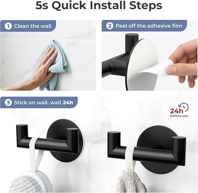 2 Pack Black Bathroom Hooks for Towels - Self Adhesive Double Hooks for Wall, No Drilling, Matte Finish, Strong Hold for Robes, Coats, Shower Use