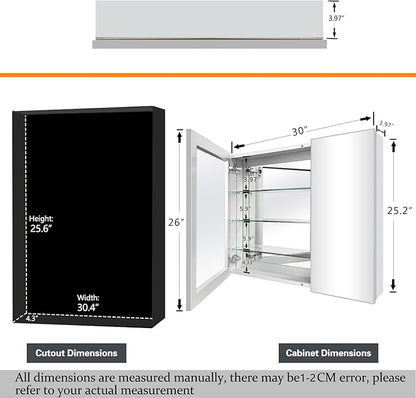 Aluminum Bathroom Medicine Cabinet with Mirror Door, 30"×26" Wall-mountable and Recessed-in Mirror Cabine, Bathroom Mirror Cabinet, 2 Doors Medicine Cabinet Organizer
