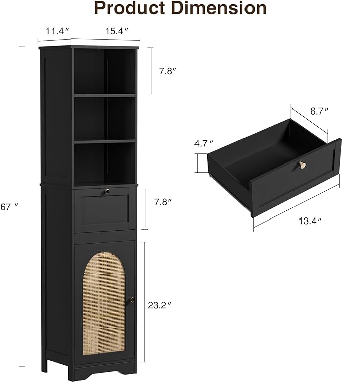 67"H Bathroom Storage Cabinet with Rattan Doors and Slide Storage, Tall Narrow Standing Tower Cabinet with Adjustable Shelves, Small Bathroom Floor Organizer for Entryway, Kitchen, Black