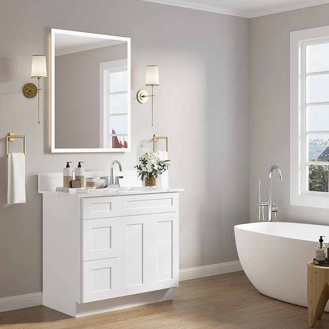 ROOMTEC Bathroom Cabinet, 36'' Free Standing Bathroom Vanity with 3 Left Drawers and 1 Door,Soft-Close Drawer Slides Morden Bathroom Sink Vanity Storage Cabinet, Shaker White